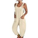 Women's Sleeveless Romper | Summer Jumpsuits for Women | Casual Loose Fit Adjustable Strap Bib Harem Long Pants Baggy Sleeveless Rompers with Pockets (Beige, L)