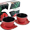 KIYOSHI Luxury Japanese Cast Iron Tea Cups Set 4 Pieces - 2 Large Teacups (4,06Oz) + 2" Leaf Shape Saucers - Gift Set - 100% Hand Made (Red and Gold)