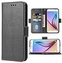 Compatible with Samsung Galaxy S6 Wallet Case and Wrist Strap Lanyard and Leather Flip Card Holder Cell Accessories Phone Cover for Glaxay S 6 Gaxaly 6s Galaxies GS6 SM-G920V G920A Women Men Black