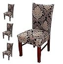 Styleys SLMC123 Polyester Blend Stretchable Washable Elastic Floral Printed Dining Chair Covers (Large, Royal Black/Gold) -Pack of 4