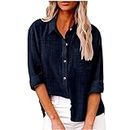 AMhomely Blouse for Women UK Plus Size Button Up Shirts Long Sleeve Oversized T Shirts Solid Cotton Linen Tunic Tops Laple Casual T Shirts with Pocket Elegant Office Tee Tops Ladies Shirts Navy M