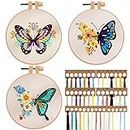 JSRQT 3 Sets Full Range of Embroidery Starter Kit for Beginners,Butterfly Flower Pattern Cross Stitch Stamped Kits for Adults,Handy Sewing Art Craft