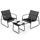 COSTWAY 3-Piece Patio Bistro Set, Garden Furniture Set with Tempered Glass Table and Chairs, Metal Frame Outdoor Conversation Table Chairs Set for Balcony, Lawn and Poolside(Black, 77 x 61 x 75cm)