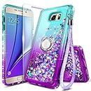 WDHD Compatible with Samsung Galaxy Note 5 Case with Tempered Glass Screen Protector, Ring Holder/Wrist Strap, Glitter Liquid Floating Waterfall Girls Cute Phone Case (Aqua/Purple)