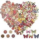 200 PCS Round and Butterfly Wooden Flower Buttons, lyfLux Wooden Buttons 2 Holes for DIY Clothing Accessories Sewing Craft