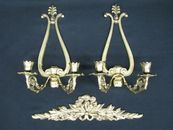 3 Pc. Ornate Brass Art Works Classical Candle Wall Sconces + Brass Wall Plaque