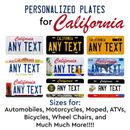 Etiqueta de matrícula personalizada personalizada para bicicleta ATV de automóvil de California