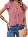 MEROKEETY Women Split V Neck Short Sleeve Flowy Blouse Polka Dot Work Office Shirt Top CoralRed Medium