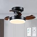 MADSHNE Modern Ceiling Fan with Lights with Remote and Retractable Low Profile Ceiling Fan with Light, 24" Small Flush Mount Ceiling Fan, Dimmable LED Lighting, 3 Colors, 6 Speeds, Timer, Black