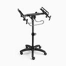 On-Stage MIX-400 V2 Mobile Mixer Stand: Rolling platform for mixers, laptops, controllers. Height adjustable (28"-38"), rackmount compatible, headphone hanger. Portable, black finish.