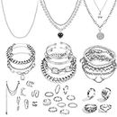IFKM 36 Piece Silver Plated Jewelry Set - 3 Necklaces, 12 Bracelets, 7 Ear Cuffs, 14 Knuckle Rings for Women - Valentine, Anniversary, Birthday Gifts