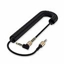 KIPZO® Black spiral aux cable for car spring type male to male aux cable 3.5mm audio Elbow L Shape Stretchable jack Telescopic 90 Degree Right Angle Steel Spring cord for Headphones speaker Stereo