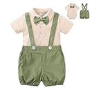 TAOJIAN Baby Boy Newborn Infant Gentleman Outfits 0-24M, Dress Rompers+Detachable Bowtie+Suspender Short Pants Wedding Sets, Green, 0-3Months