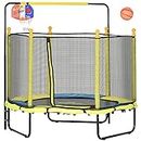 Qaba 4.6' Kids Trampoline with Basketball Hoop, Horizontal Bar, 55" Indoor Trampoline with Net, Small Springfree Trampoline Gifts for Kids Toys, Ages 1-10, Yellow
