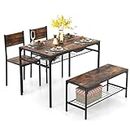 COSTWAY Dining Table and 2 Chair Set with 1 Bench, Industrial Gathering Bench Set with Storage Rack, Metal Frame Dining Room Furniture for Home Kitchen （Rustic Brown