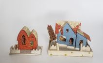 Vintage PUTZ Japan Lot 2 Glitter Cardboard Paper Mache Christmas Houses Blue Red