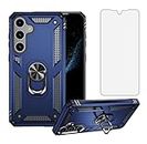 Asuwish Phone Case for Samsung Galaxy A15 5G with Tempered Glass Screen Protector and Stand Ring Holder Hard Shockproof Metal Heavy Duty Cell Accessories A 15 4G 15A Women Men Blue
