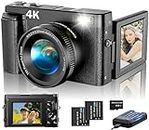 4K Digital Camera for Photography Autofocus, Upgraded 48MP Vlogging Camera for YouTube with SD Card, 3" 180 Flip Screen Compact Travel Camera with 16X Digital Zoom, Flash, Anti-Shake, 2 Batteries