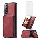 Phone Case for Samsung Galaxy S21 5G 6.2 inch Wallet Cover with Tempered Glass Screen Protector and Credit Card Holder Slot Zipper Stand Leather Slim Cell Accessories S 21 21S G5 Women Men Red