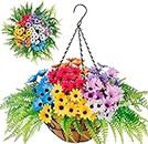 Shyshining Hanging Flowers with Basket, Artifical Flowers Plant Hanger UV Resistant, Faux Plastic Greenery Fake Flowers for Outdoor Indoor Garden Porch Window Box Home Wedding Decor (Hanging Flowers)