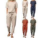 Yck-SAiWed Senior Discounts On Prime Membership Fees Summer Outfit 2023 Boho Beach Sets for Women Summer Cotton Linen Short Sleeve Blouse Ethnic Capris Pants Army Green