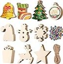 COVACURE 100 PCS Christmas Wooden Ornaments, 10 Different Shapes Christmas Crafts Unfinished Wood Slices with 100PCS Cords and 50PCS Bells for Christmas Tree Decoration