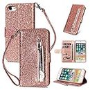 ZCDAYE iPhone 7 Plus 8 Plus Case,Bling Glitter Sparkly Zipper PU Leather Magnetic Flip Folio Card Pockets Holder with Wrist Strap Stand Protective Case Cover for iPhone 7 Plus/8 Plus - Rose Gold