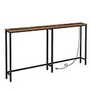 HOOBRO 63" Skinny Console Table with Charging Station, Narrow Entryway Table with Power Outlets, Slim Sofa Table, Behind Couch Table for Hallway, Living Room, Foyer, Rustic Brown and Black BF165UXG01