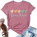 Teacher Tshirt Women Cute Hearts Graphic Teaching Tee Boho Teacher Shirt Short Sleeve Casual Summer T-Shirt Tops, Pink, Medium