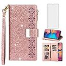 Phone Case for Samsung Galaxy A20 A30 Wallet Cover with Tempered Glass Screen Protector and Wrist Strap Bling Glitter Leather Flip Zipper Credit Card Holder Cell M10s A 30 20A SM A205G Rose Gold