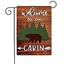Bear Cabin Garden Flag Welcome to Our Cabin Sign Double Sided Farmhouse Decorative Small Burlap Garden Flags 12.5 x 18 Inch for Cabin/Camper Outdoor Decorations