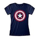 Marvel Avengers Assemble Captain America Distressed-Schild Tailliertes Damen-T-Shirt Marine XL | S-XXL, Damenmode dünne passende Top, Geburtstags-Geschenke, Mama Tochter Schwester-Geschenk-Idee