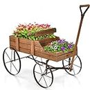 Giantex Decorative Garden Planter, Small Wagon Cart with Metal Wheels, Wood Raised Beds Plant Pot Stand for Backyard Garden Patio 24.5"x13.5"x24" (Natural)