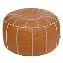 Thgonwid Unstuffed Handmade Moroccan Round Pouf Foot Stool Ottoman Seat Faux Leather Large Storage Bean Bag Floor Chair Foot Rest for Living Room, Bedroom or Balcony (Brown)