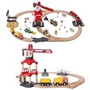 WINB Wooden Train Tracks 70pcs & Construction site Wooden Train Track, Gift Packed Toy Railway Kits for Kids, Toddler Boys and Girls Premium Wood Construction Toys-Fits 70pcs