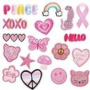 Qpout 18 pièces Preppy Patches Pink Iron on Patches for Girls Kids Cute Smiles Repair Decoractive Patch for Clothing Design Backpack Jackets Hats Jeans Shirt DIY Craft Decorations