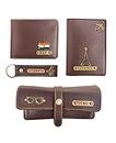 The Bling Stores Personalized Custom Genuine PU Leather Passport Cover/Wallet/Keychain & Eyewear Name Crafted with Charms/Unique Design Unisex (Combo of 4 Set) Dark Brown