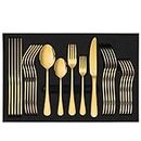 Gold Cutlery Set, 30 Piece Stainless Steel Dinnerware Set, Flatware Set Service for 6, Silverware Utensil Set with Knife, Fork, Spoon, Dessertspoon, Use for Home, Restaurant and Gift with Gift Box