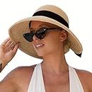 Comhats Straw Beach Sun Hats for Women Packable UPF 50 Floppy UV Protection Summer Panama Fedora Sunhat Wide Brim Travel Medium 57cm Beige