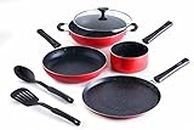Crystal Classic Series 7-pc Non-Stick Induction Bottom Cookware Set, PFOA Free, Tawa, Fry-Pan, Kadhai with Glass Lid, Sauce Pan with 2 Serving Spoons, Red,Aluminium, 7