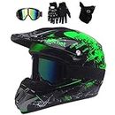 UIGJIOG Motocross Helmet, with Goggles Mask Gloves, Youth Kid Full-Face Off Road Motorcycle Crash Helmet, MTB BMX Downhill Quad Bike Enduro Racing Dirt Bike Helmet,Green,L(56~57cm)