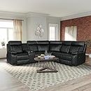 DHPM Sectional Sofa Bed PU Leather Sleeper Modern Upholstered L-Shape Reclining,Extra Wide Lounge Couch with Consoles,2 Cup Holders and Storage, Living Room Furniture Sets, A-Black Large-p23