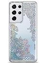 Coolwee Clear Glitter for Samsung Galaxy S21 Ultra Case Thin Flower Slim Cute Crystal Lace Bling Women Girl Floral Plastic Hard Back Soft TPU Bumper Protective Cover Mandala Henna