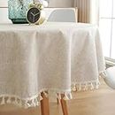 ColorBird Solid Color Tassel Tablecloth Cotton Linen Dust-Proof Shrink-Proof Table Cover for Kitchen Dining Farmhouse Tabletop Decoration (Round, 60 Inch, Neutral)