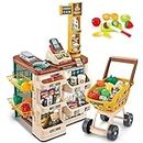 Supermarket Play Set 49 PCS. Multicolor w/Shopping Cart, Cash Register, Scanner, Balance, Fruits and Vegetables, Boxes, Bottles, Stickers and More