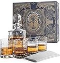 REGAL TRUNK & CO. Whiskey Decanter Set with Glasses, 4 Square Engraved Tumblers Whisky Decanter & Glass Set, Crystal Decanter Set Bourbon and Scotch, Gift Box and with Liquor Glass Polishing Cloth