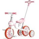 FAYDUDU 5 in 1 Toddler Bike Baby Trike with Parent Handle Bike for 2 Year Old Kids Tricycles for 2-4 Year Old Birthday Gift & Toys for Boy & Girl, Balance Training, Removable Pedals (Pink)