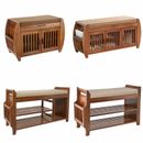 2 Tier Bamboo Shoe Bench Storage Rack Organizer with Removable Cushion Entryway