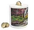 Lunarable Waterfall Piggy Bank, Waterfall in Colorful Forest Bushes Feigned Stream Trees Grass, Printed Ceramic Coin Bank Money Box for Cash Saving, Magenta Green Pale Brown