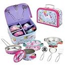 SOKA Unicorn Metal Kids Kitchen Set with Carry Case - 10 Pcs Illustrated Colourful Design Pretend Role Play Toy Pots and Pans Set Toy Kitchen Accessories for Children Boys Girls